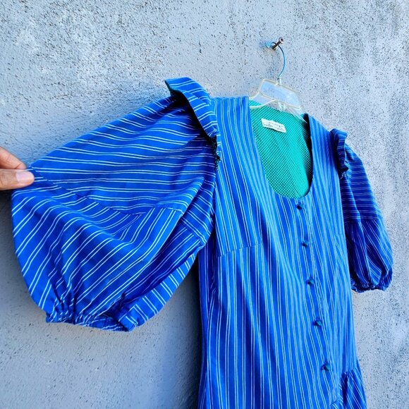 1980s Belle France Blue Stripe Cotton Midi Dress Puffy Sleeves Pockets Sz 6 - Picture 9 of 14
